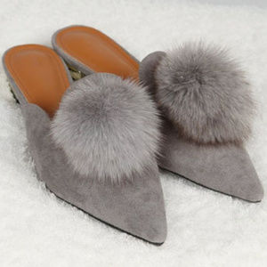 NEW POL grey suede mules fur pom pom in box gray